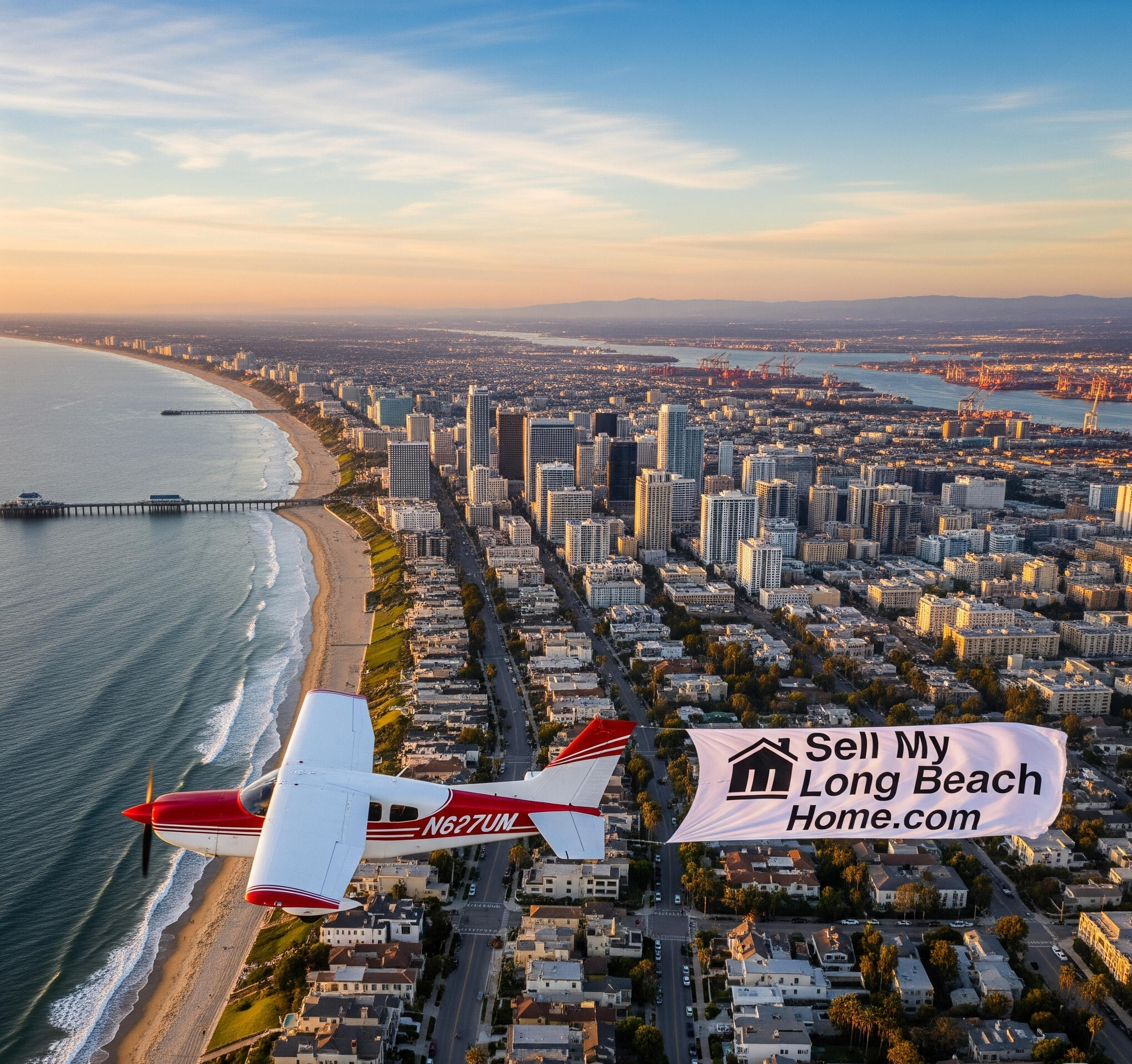 Aerial View of Long Beach, California in evening A vibrant aerial view of city of Long Beach in California with luxury homes and Pacific Ocean in the background